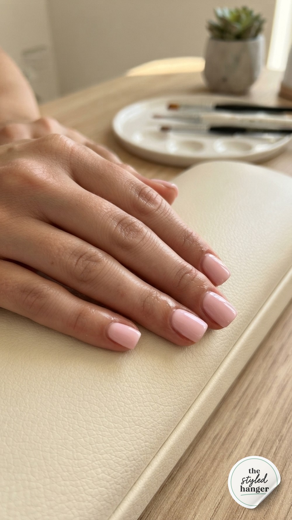 Solid baby pink polish coats short square nails resting on a cream linen tablecloth at breakfast.