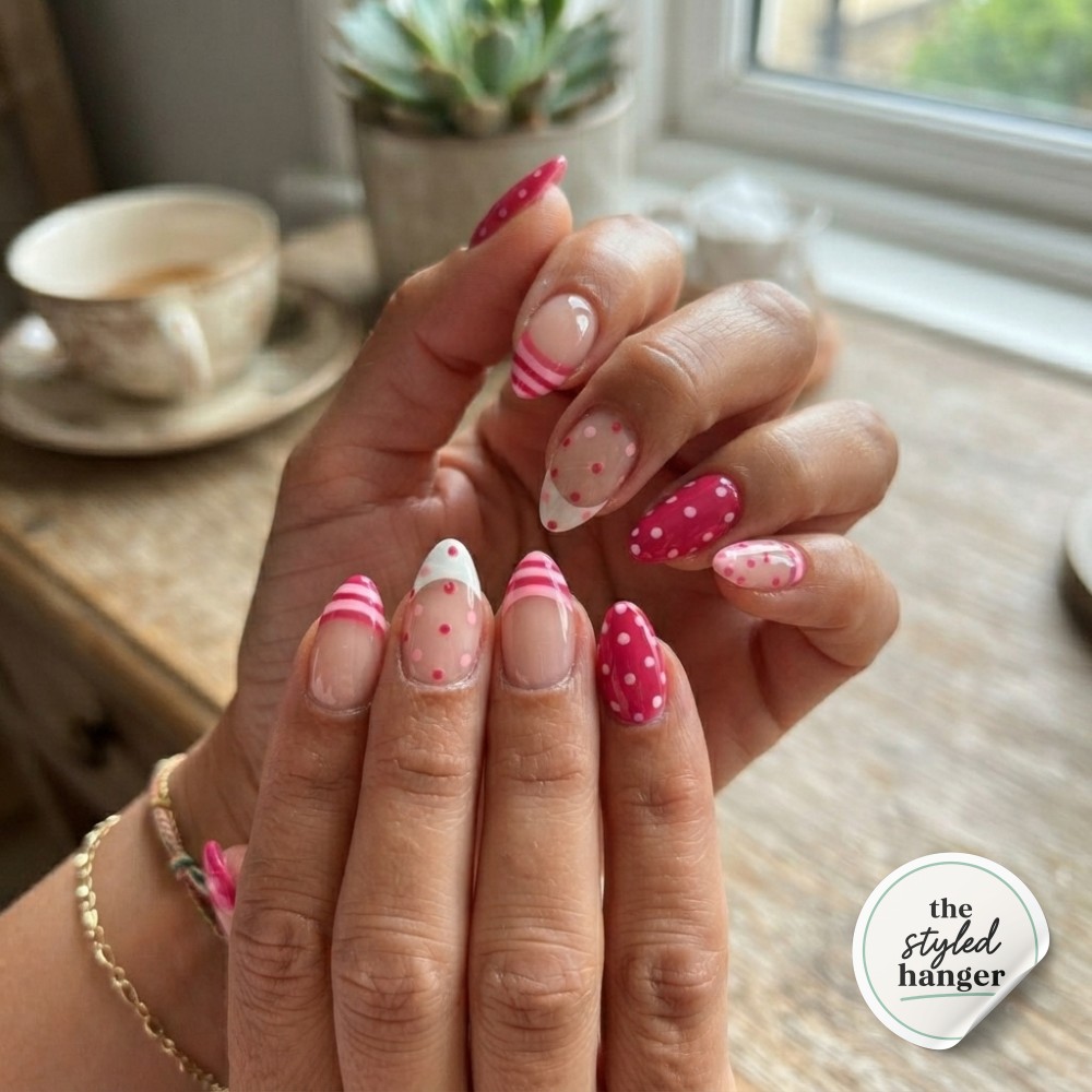 Blush pink chrome polish coats short square nails wrapped around a glass of pink lemonade.