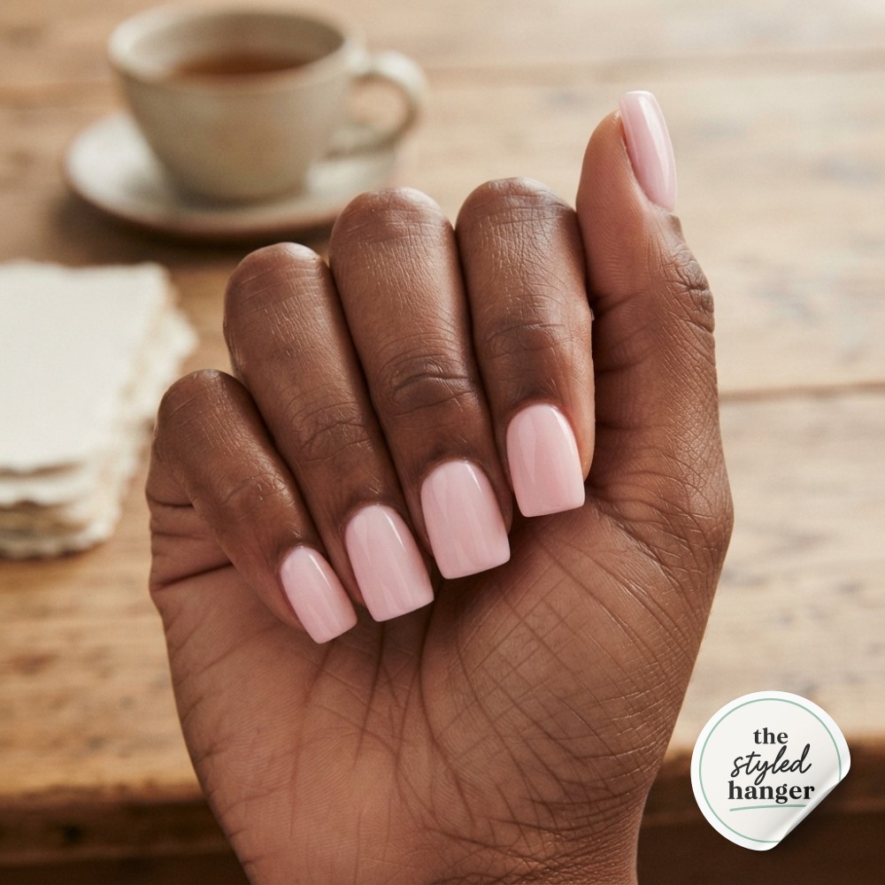 Dusty rose matte polish covers short round nails resting against a cozy cream knit sweater.