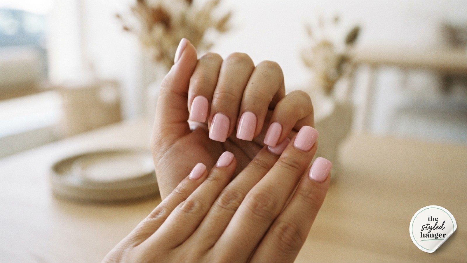 Shimmering rose gold-pink polish coats short round nails gently holding a bouquet of peonies.