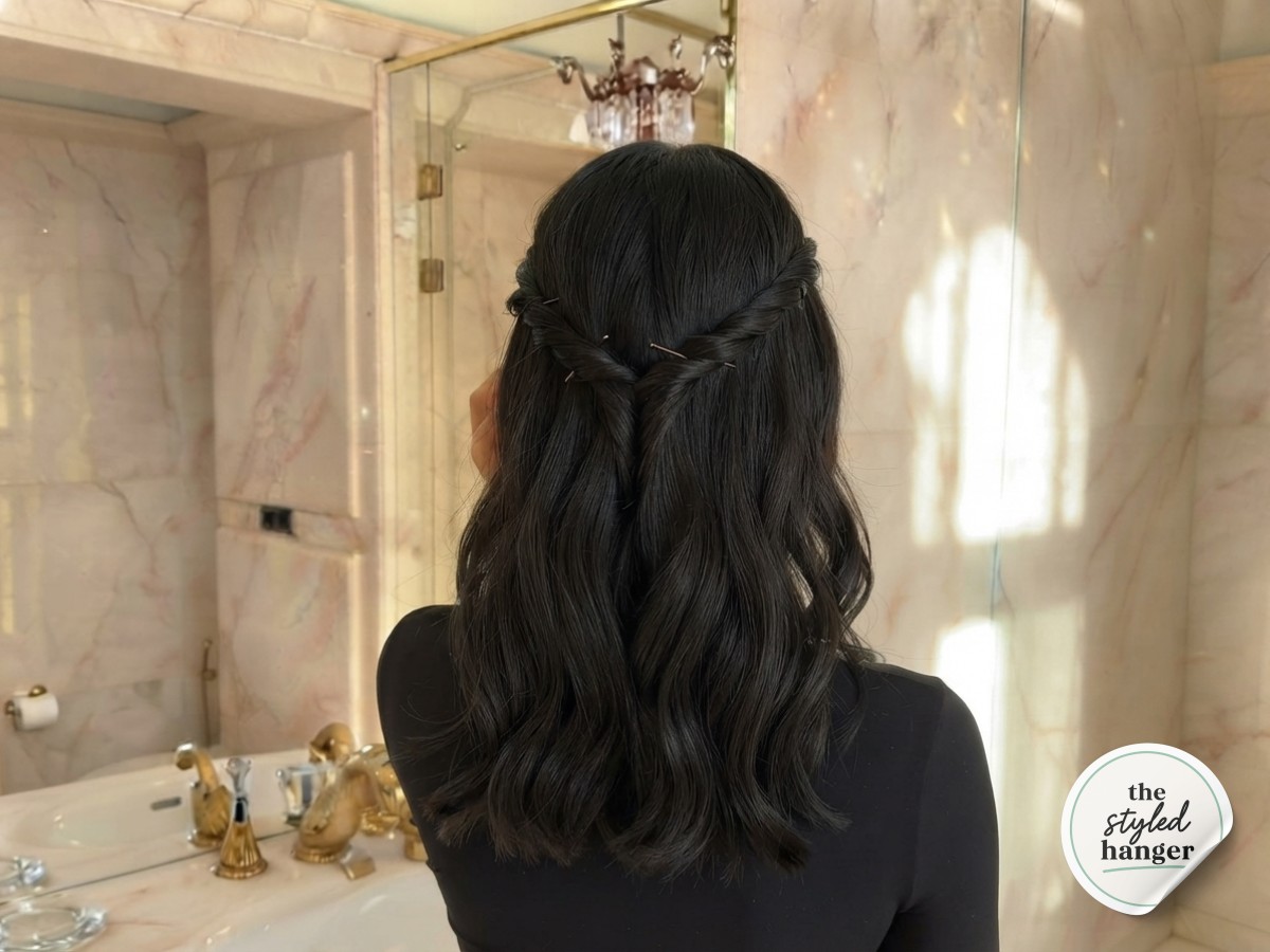 Both side twists pinned at the back center, the key structure of the short hair twisted updo forming.