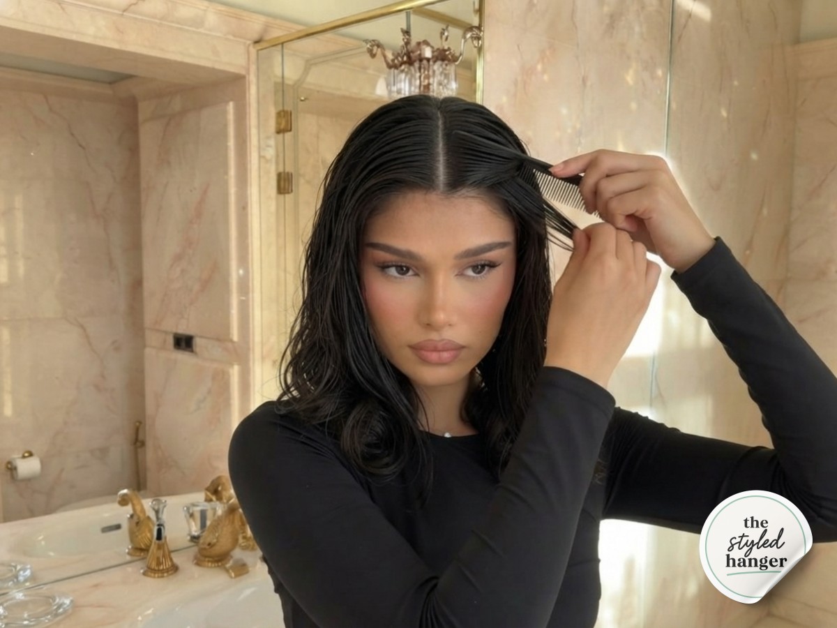 Damp hair parted down the middle with a comb, the first prep step for a short hair twisted updo.