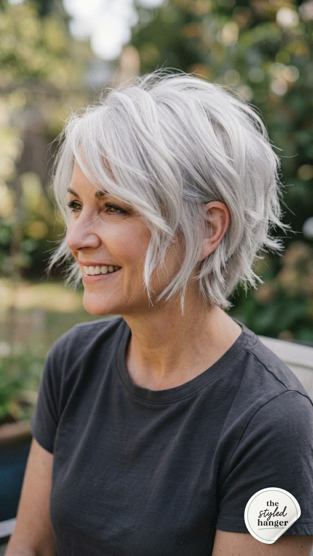 Ash-blonde rounded bob with root-lift styling, a lived-in volume haircut for thin hair