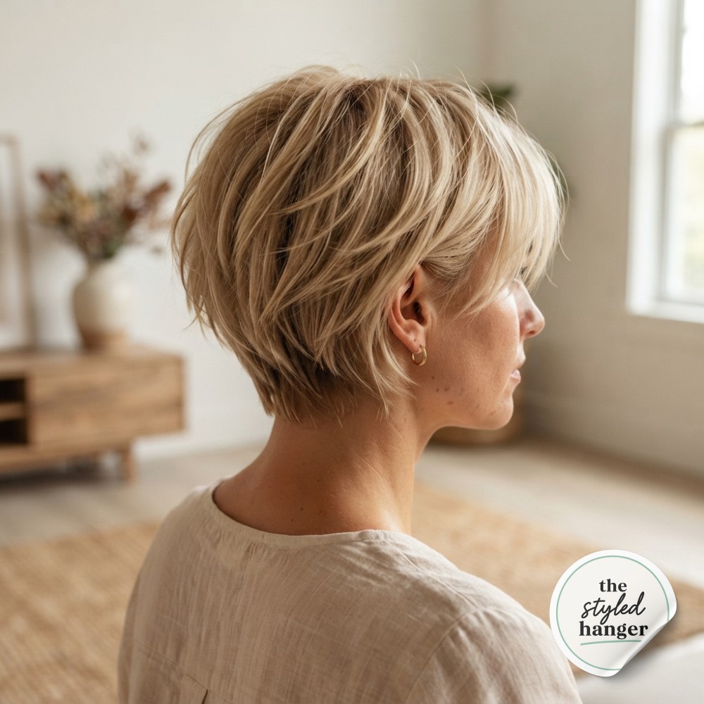 Wispy lob volume haircut for thin hair styled with a deep side part for natural fullness
